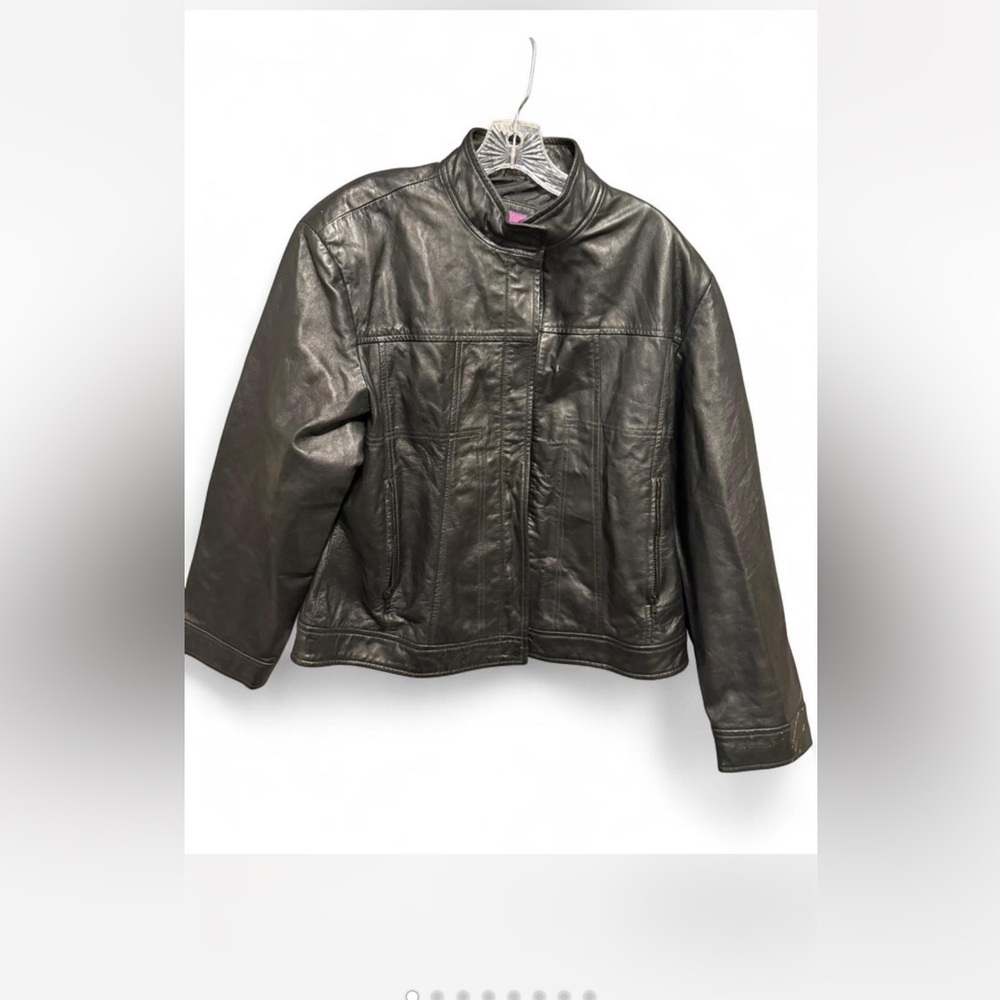 Burry Lane women's black leather jacket with a mandarin collar. Size XXL